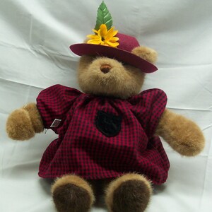 Vintage 1985 TEDDY BEAR In Gingham Dress 15&quot; Plush Stuffed Animal Toy 1980&#39;s
