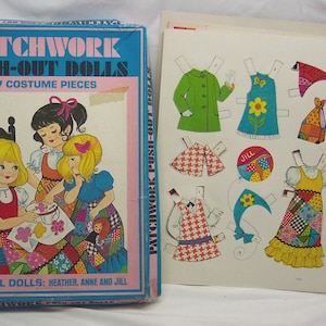 Vintage 1974 Saalfield PATCHWORK Push Out Paper Doll Set 1970&#39;s Heather Anne Jill Dolls