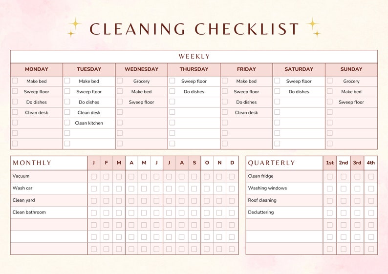 Cleaning Checklist Printable Digital Daily Weekly Monthly Quarterly ...