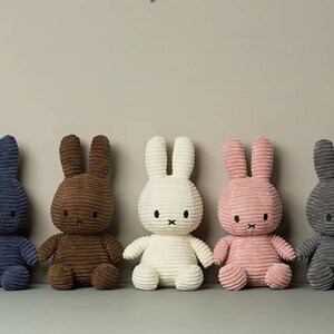 May include: Five plush corduroy bunny toys in different colors: blue, brown, white, pink, and gray. The bunnies are sitting in a row on a light brown surface.