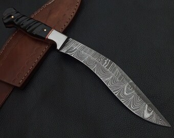 Custom Handmade Damascus Kukri Knife Horn Handle With Leather Sheath