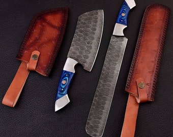 Custom Handmade Damascus Chopper , Bread knife With Genuine Leather Sheath