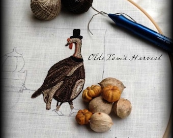 Olde Tom's Harvest, Primitive Punch Needle PDF Pattern, Thanksgiving, Turkey's, Pumpkins