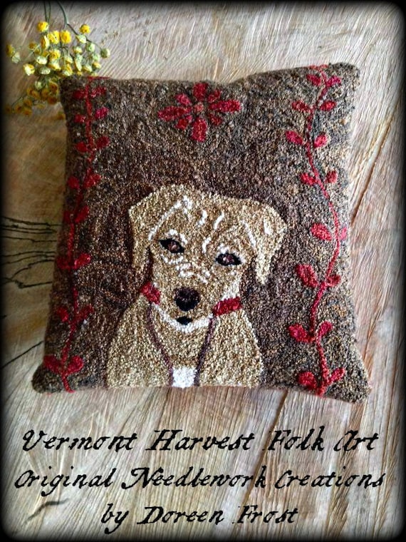 Yellow Labrador Retriever Punch Needle Embroidery Pillow PDF Pattern By Doreen Frost