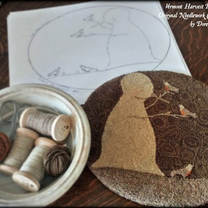 Robins In Winter. Primitive Punch Needle Embroidery Paper Pattern Options by Doreen Frost, Vermont Harvest Folk Art