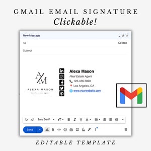 Könnte beinhalten: Eine Gmail-E-Mail-Signaturvorlage mit einem Logo, Kontaktinformationen und Social-Media-Symbolen. Die Signatur enthält den Namen Alexa Mason, Immobilienmaklerin, Telefonnummer, Standort und Website. Die Vorlage ist editierbar.