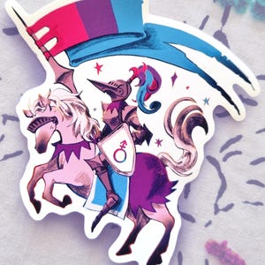 May include: A die-cut sticker featuring a knight in armour riding a horse. The knight holds a flag with pink, purple, and blue stripes. The knight carries a shield with a male gender symbol. The horse has a white mane and purple tail.