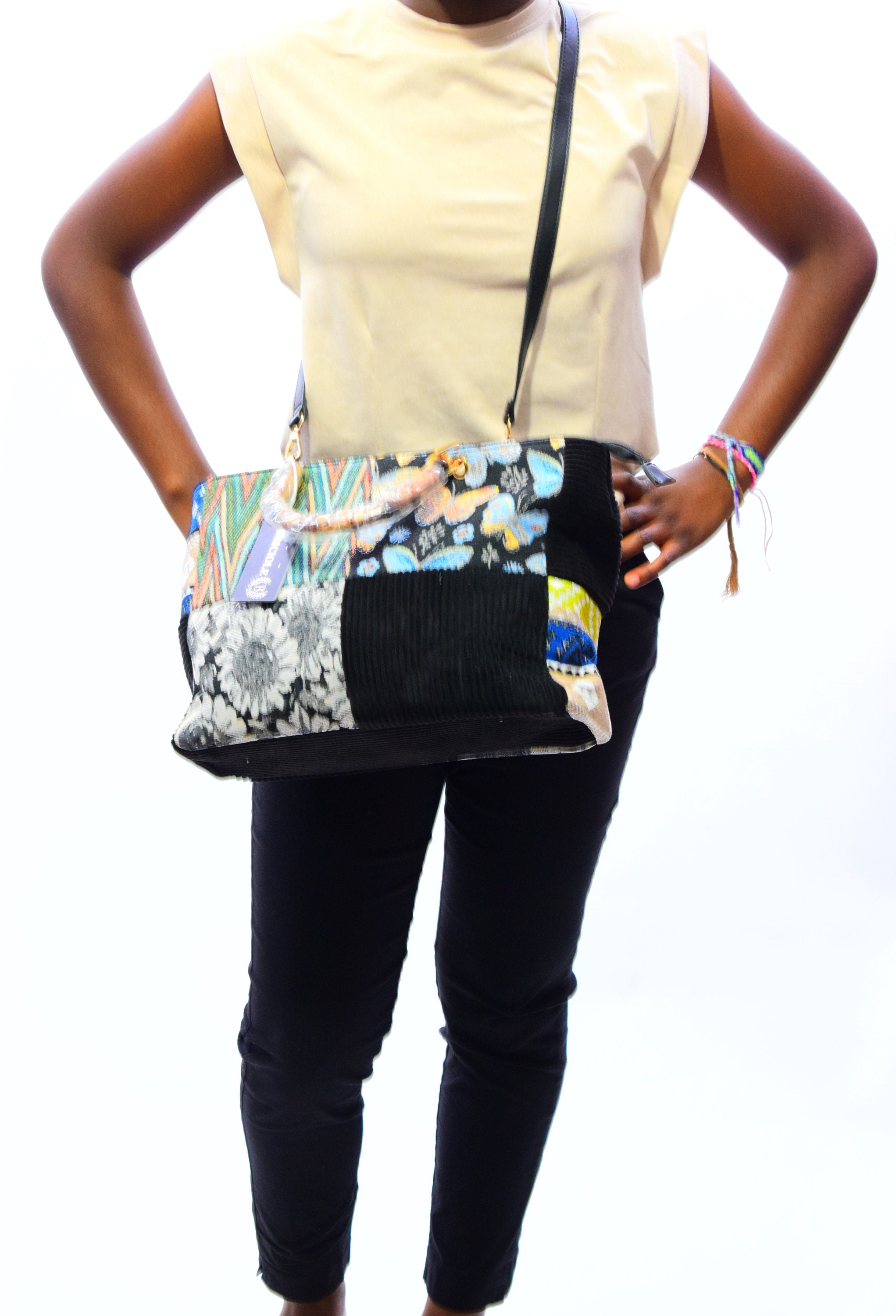 Large Black Bamboo-style Fabric Bag With Mother-of-pearl