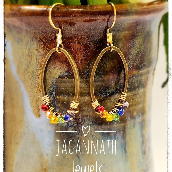 18 Karat Gold Rainbow Glass Crystal Wire Wrapped Drop Earrings
