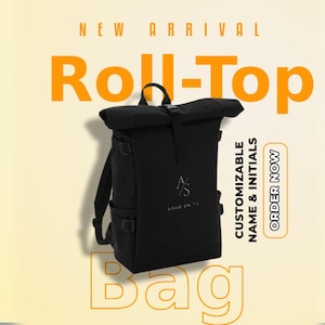 May include: Black roll-top backpack with adjustable straps and a zippered pocket. The backpack has a fold-over top with a buckle closure. The front of the backpack has a small embroidered logo that says "A/S ADAM SMITH". The text "CUSTOMIZABLE NAME & INITIALS" and "ORDER NOW" are on the right side of the image.