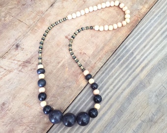 Black and Wooden Beads, Beaded Necklace, Boho Style, Gypsy Necklace, Women Jewelry, Gift for Her