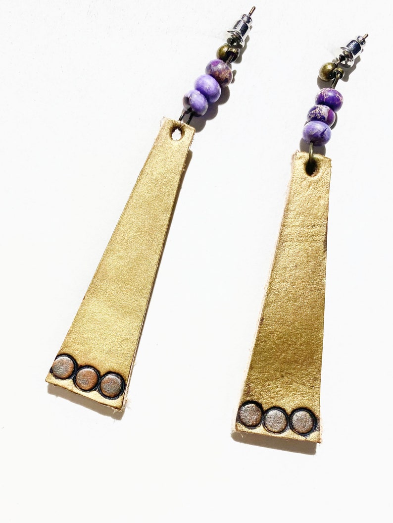 Golden Lariat Earrings Long Earring Gypsy Jewelry Handmade Woman Jewelry Gold and Purple Jewelry Gold and Purple Earrings image 7