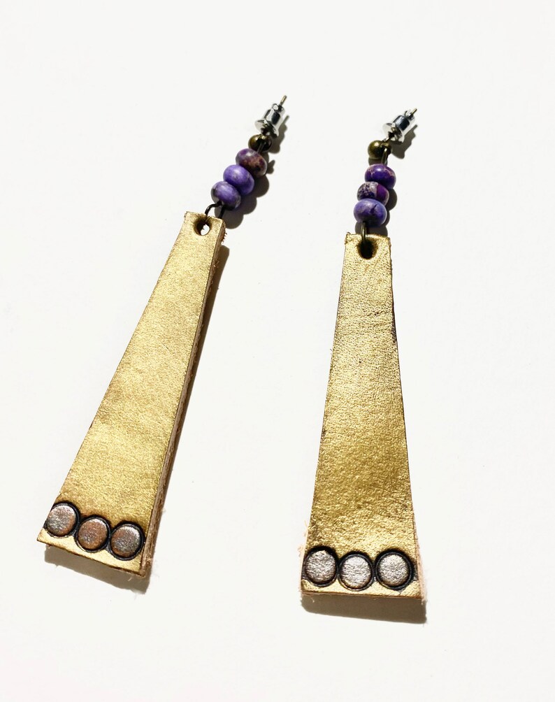 Golden Lariat Earrings Long Earring Gypsy Jewelry Handmade Woman Jewelry Gold and Purple Jewelry Gold and Purple Earrings image 2
