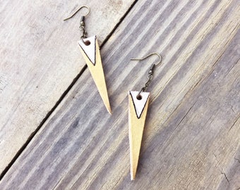 Handmade boho earrings, statement jewelry earrings, chic bohemian earrings,  golden triangle earrings, leather lariat drops for ears