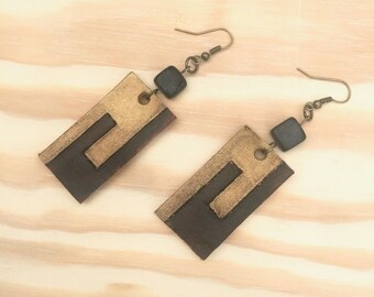 Gold and Brown Iconographic Art, Old Tocapu Earrings, Dangling Leather Pendants, Handmade Rectangle Earrings