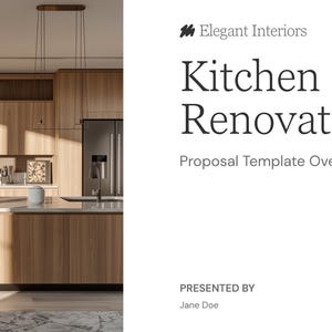 Puede incluir: Diseño de cocina moderno con gabinetes de madera clara y una gran isla. La imagen incluye electrodomésticos empotrados, luces colgantes y el texto "Kitchen Renovation Proposal Template Overview" de Elegant Interiors.