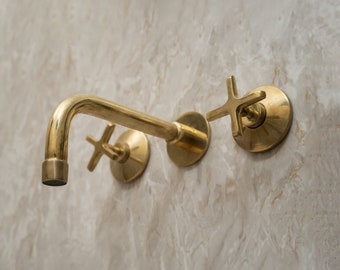 Unlacquered Brass Wall Mounted Faucet, Handcrafted Brass Bathroom Faucet, Bathroom Vanity Faucet