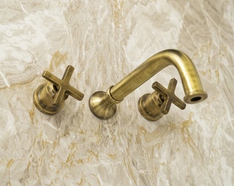 Wall Mounted Sink Faucet, Wall Mount Bathroom Faucet In Antique Brass, Wall Mounted Bathtub Faucet, Solid brass Tub Filler Faucet
