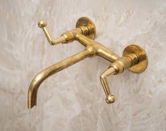 Unlacquered Brass Wall Mounted Faucet, Bathroom Sink Brass Tub Filler Faucet, Vanity Faucet With Lever Handles