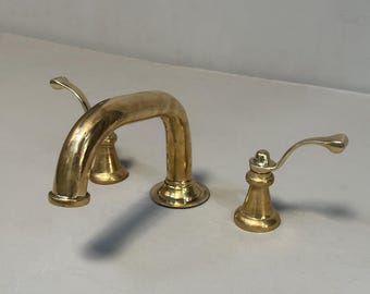 Unlacquered Brass Widespread Bathroom Faucet – 3 Hole Deck Mount Sink Tap with Dual Handles