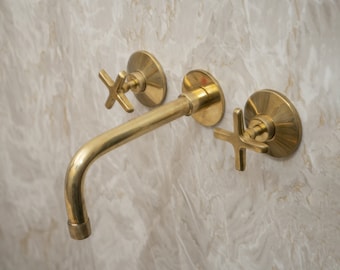 Grifo de pared de latón sin lacar, grifo de baño de latón artesanal, grifo de tocador de baño