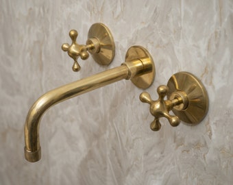 Unlacquered Brass Bathroom Faucet, Handcrafted Brass Wall Mounted Faucet, Bathroom Faucet With Cross Handles