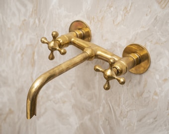 Unlacquered Brass Bathroom Sink Faucet, Solid brass Tub Filler Faucet, Wall Mounted Bathroom Faucet With Cross Handles