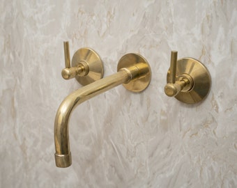 Unlacquered Brass Bathroom Sink Faucet, Handcrafted Brass Wall Mounted Faucet, Bathroom Vanity Faucet With Valve