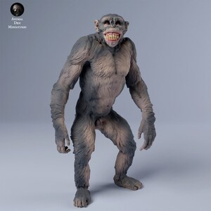 Peut inclure: Une figurine miniature détaillée et peinte à la main d'un chimpanzé. La figurine est debout, les bras légèrement levés et la bouche ouverte dans un large sourire, révélant ses dents. La figurine est peinte dans des tons de gris et de brun, avec une texture réaliste.