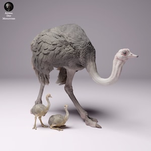 North African Ostrich Female with Chicks - UNPAINTED - Animal Den Miniatures