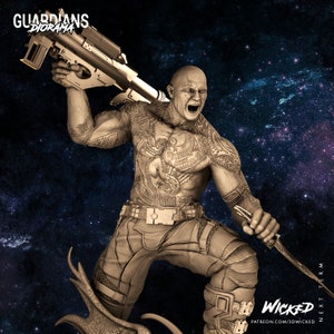 May include: A detailed, gray-toned 3D printed model of a muscular, tattooed character holding a large gun and a knife. The character is posed in a dynamic action stance, with a fierce expression on their face. The background is a dark blue space with stars.