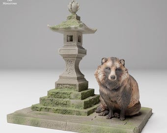 Tanuki Next To Japanese Lantern - UNPAINTED - Animal Den Miniatures