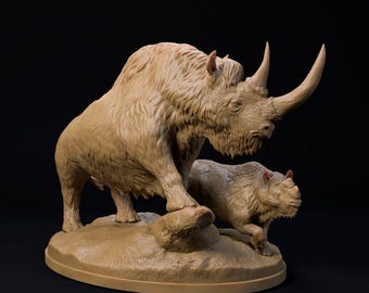 Woolly rhinoceros mother and calf  - UNPAINTED 3D Resin Figure - Dino and Dog Miniatures