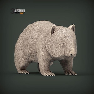 May include: A detailed, light gray wombat sculpture. The artwork features textured fur, small ears, and a detailed face. The sculpture is set against a dark green background. The text "3 ALEXANDER ART" is in the upper left corner.