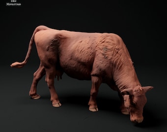 Red Devon Cow Grazing - UNPAINTED - Animal Den Miniatures