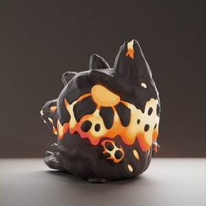 May include: A black and orange 3D printed figurine with a textured surface. The figurine has a unique, abstract design with a glowing orange center.