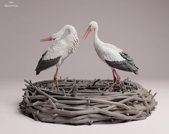 Cigüeña blanca cortejando - Figura de resina 3D sin pintar - Miniaturas para guaridas de animales