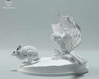 Snowy Owl Hunting Arctic Hare - UNPAINTED - Animal Den Miniatures