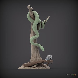May include: A sculpted figurine featuring a textured brown tree trunk with a coiled green snake wrapped around the upper branches and a small grey mouse perched on a lower horizontal branch, with the text Alexander3dart in the bottom corner.