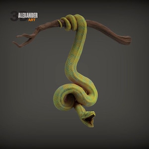 Può includere: Un rendering 3D di un serpente verde e giallo avvolto attorno a un ramo marrone. La bocca del serpente è aperta, rivelando le sue zanne. L'immagine presenta il testo "3D ALEXANDER ART" nell'angolo in alto a sinistra.