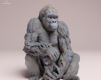 Eastern Lowland Gorilla Female and Infant sitting - UNPAINTED 3D Resin Figure - Animal Den Miniatures