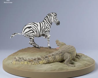 Zebra vs Nile Crocodile - UNPAINTED - Animal Den Miniatures