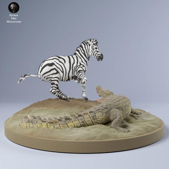 Zebra Vs Nile Crocodile - UNPAINTED 3D Resin Figure - Animal Den