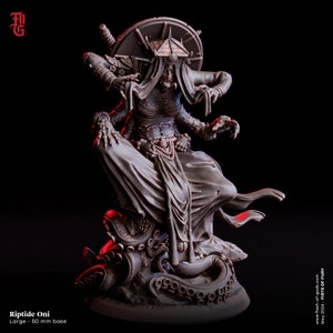 May include: A detailed, gray, painted miniature of a multi-armed, demonic figure with a large, round hat. The figure is standing on a base with a sculpted octopus.
