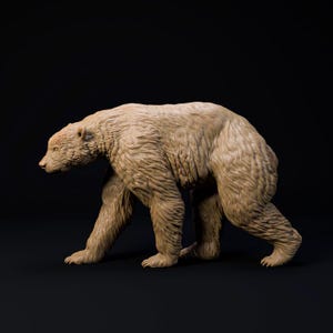 May include: A light brown sculpture of a bear in a walking pose. The bear has detailed fur texture and is set against a black background. The sculpture is a realistic representation of a bear.