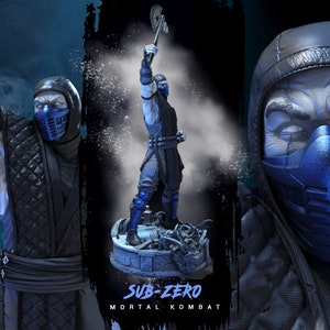 May include: A blue and black Sub-Zero action figure from the Mortal Kombat video game series. The figure is holding a weapon and is posed in a fighting stance. The figure is standing on a base with a Mortal Kombat logo.