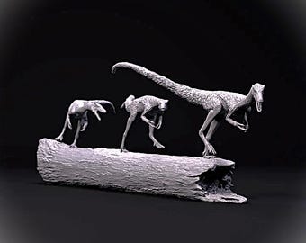 Compsognathus on log - UNPAINTED - Dino and Dog Miniatures