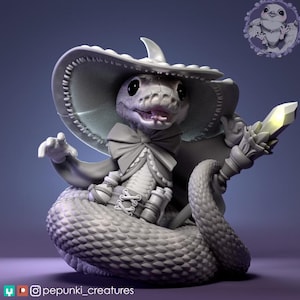May include: A gray monochromatic figurine of a snake-like creature wearing a wide-brimmed hat and a bow tie. The creature has a scaled body, holds a staff with a crystal-like tip, and wears a corset-style belt. A small circular logo is visible.