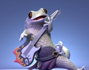 Gecko con escamas de pez y guitarra - Figura de resina 3D sin pintar - Pepunki Creatures