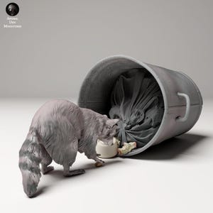 Common Raccoon Digging Through Trash - UNPAINTED - Animal Den Miniatures